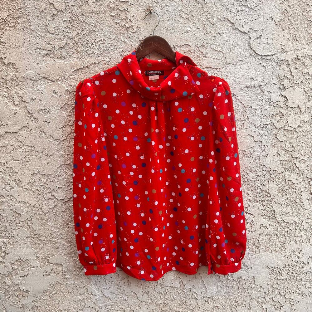 Vintage Clowncore Polka Dot Red Bow Collar Blouse Puff Sleeve L